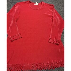 Maxima Shirt Womens Medium Red Textured 3/4 Sleeve Scallop Hem USA Polyester Top